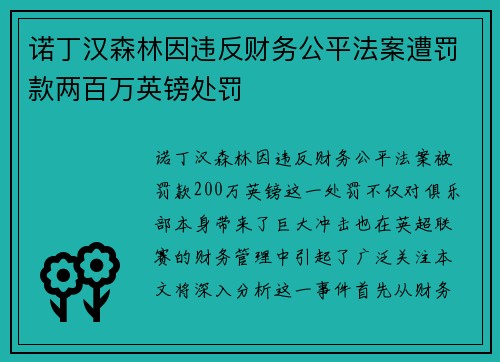 诺丁汉森林因违反财务公平法案遭罚款两百万英镑处罚